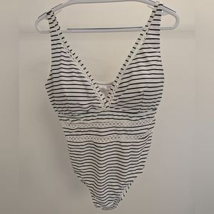 White & Black Stripe V-neck One-Piece Swimsuit